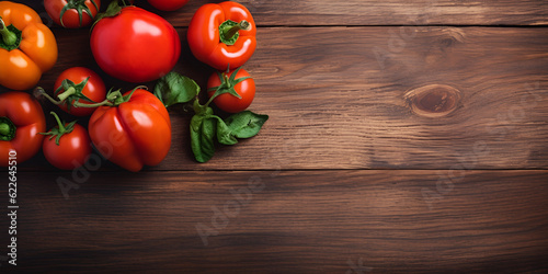 Tomatoes and peppers on a wooden background, generative Ai