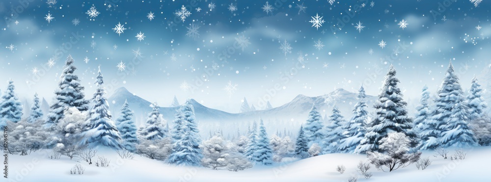 Snow-covered Christmas trees with falling snow, in shades of white and sky blue. Generative AI