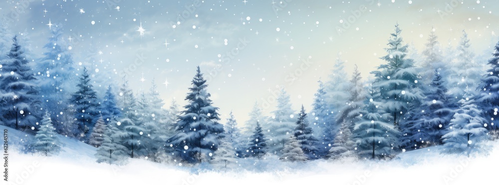 Snow-covered Christmas trees with falling snow, in shades of white and sky blue. Generative AI Snow-covered Christmas trees with falling snow, in shades of white and sky blue. Generative AI