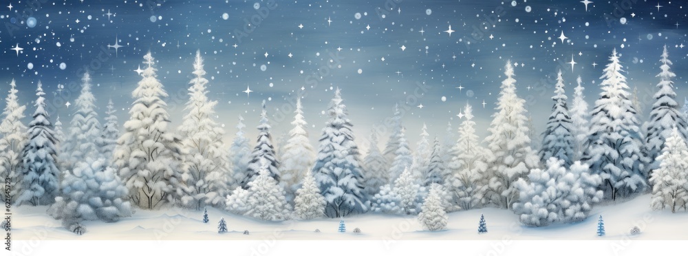 Snow-covered Christmas trees with falling snow, in shades of white and sky blue. Generative AI Snow-covered Christmas trees with falling snow, in shades of white and sky blue. Generative AI