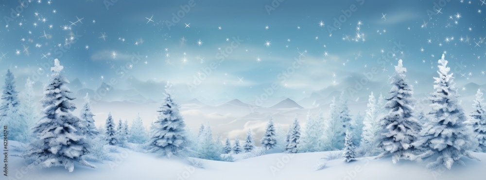 Fototapeta premium Snow-covered Christmas trees with falling snow, in shades of white and sky blue. Generative AI