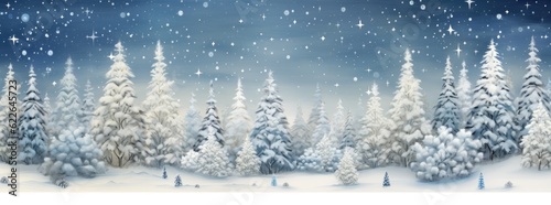 Snow-covered Christmas trees with falling snow, in shades of white and sky blue. Generative AI © Gelpi