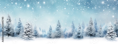 Snow-covered Christmas trees with falling snow, in shades of white and sky blue. Generative AI © Gelpi