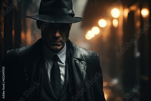 A detective stands under a dim street lamp on rain-soaked streets. Generative AI