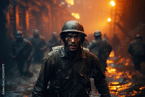 Billede på lærred Soldiers cautiously navigate through a war-torn city