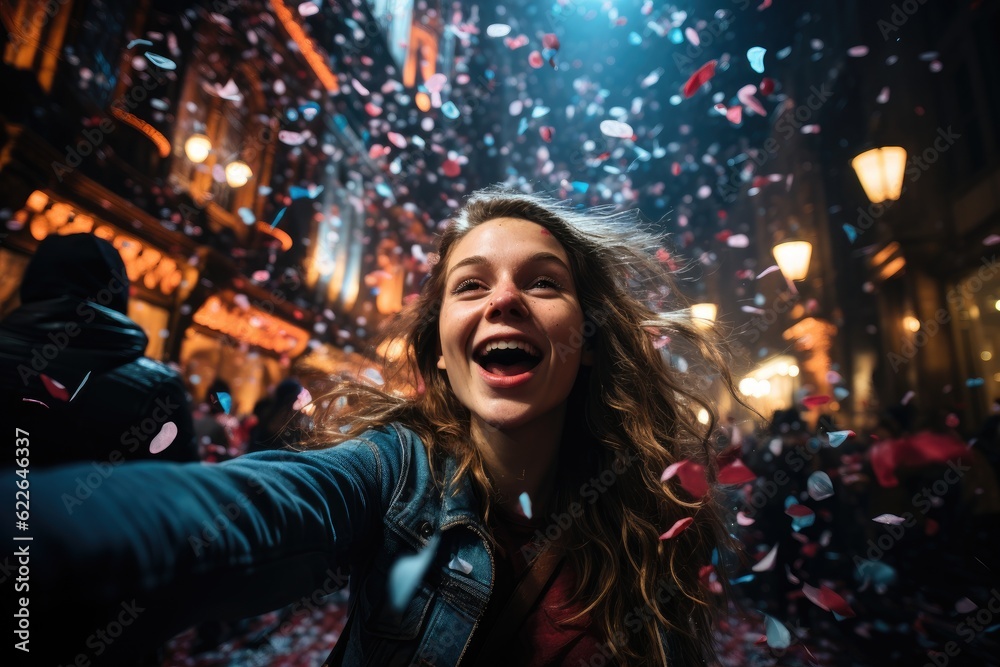 City square erupts in cheers and confetti at midnight on New Year's Eve. Generative AI