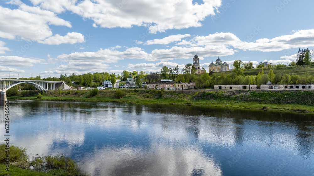 panoramic view from a drone of the river and the ancient Kremlin on a sunny day taken from a drone