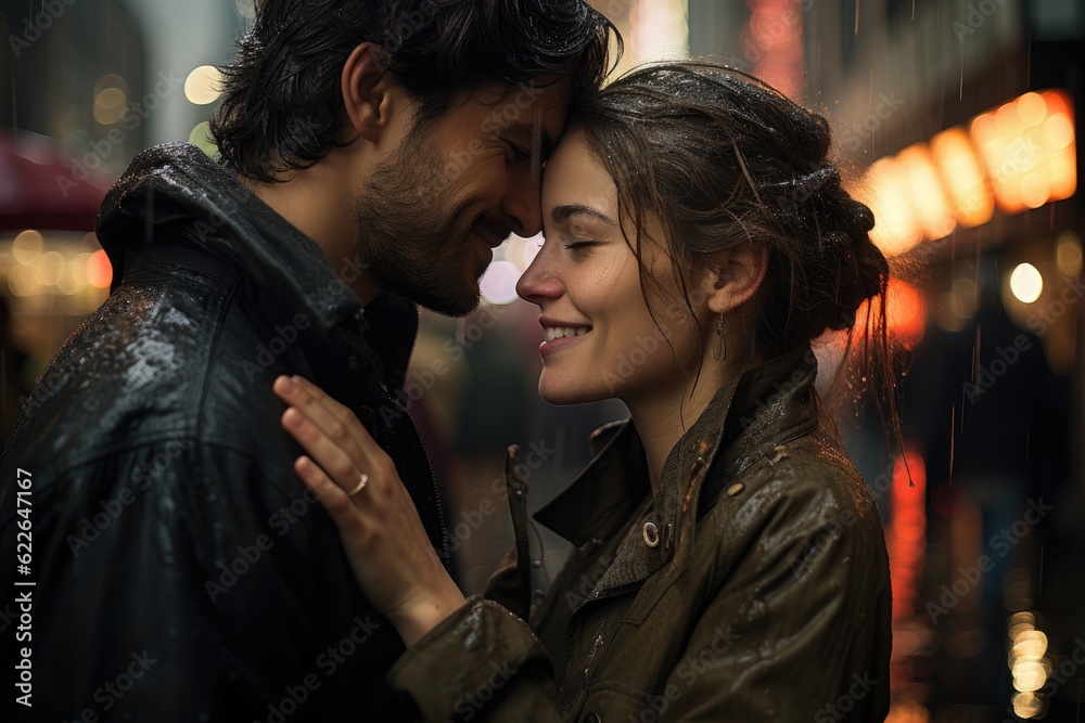 Obraz premium A couple dances in the rain in the city square. Generative AI
