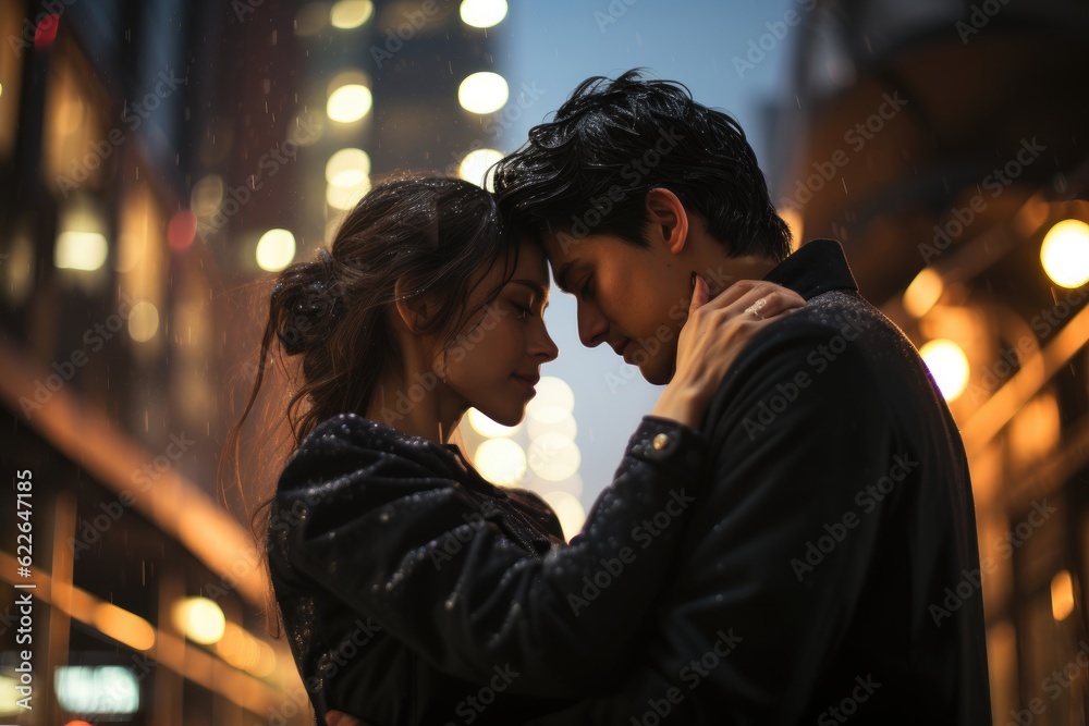 A couple shares a midnight kiss under city lights. Generative AI A couple shares a midnight kiss under city lights. Generative AI
