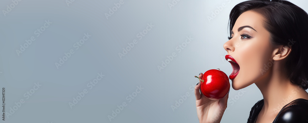 Beautiful young woman holding a red apple - symbolic of sin and temptation banner Beautiful young woman holding a red apple - symbolic of sin and temptation banner