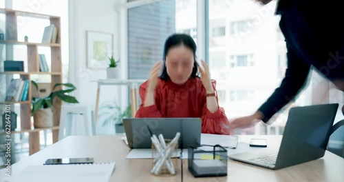 Asian woman, stress and overwhelmed with documents in time lapse, fast or busy office at workplace. Frustrated female person or employee in depression, anxiety or overworked with paperwork on desk