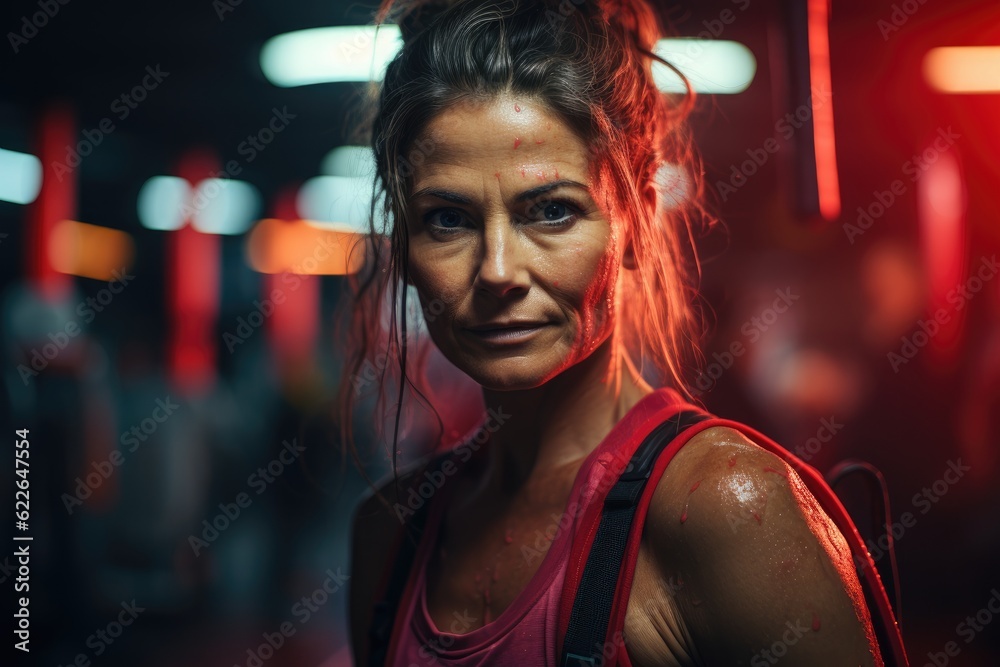 An elderly woman trains in an urban boxing gym. Generative AI
