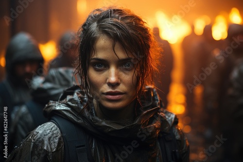 A rebel hero stares at the fiery ruins of a dystopian landscape. Generative AI