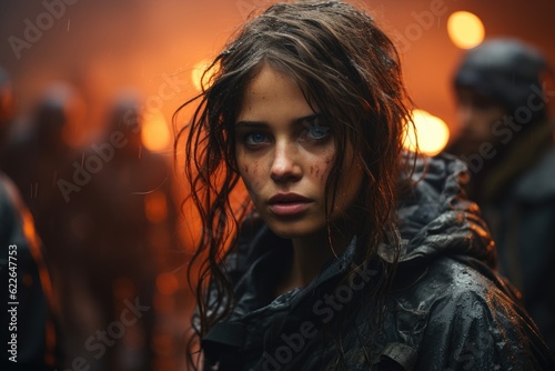 A rebel hero stares at the fiery ruins of a dystopian landscape. Generative AI