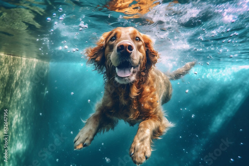 dog swimming vacation fun underwater snorkeling puppy water funny pool. Generative AI.