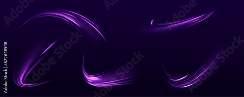 Purple glowing wave swirl, impulse cable lines. Abstract neon color glowing lines background. Chaotic neon rays of light. Laser beams luminous abstract sparkling isolated on a transparent background. © MEDUZA