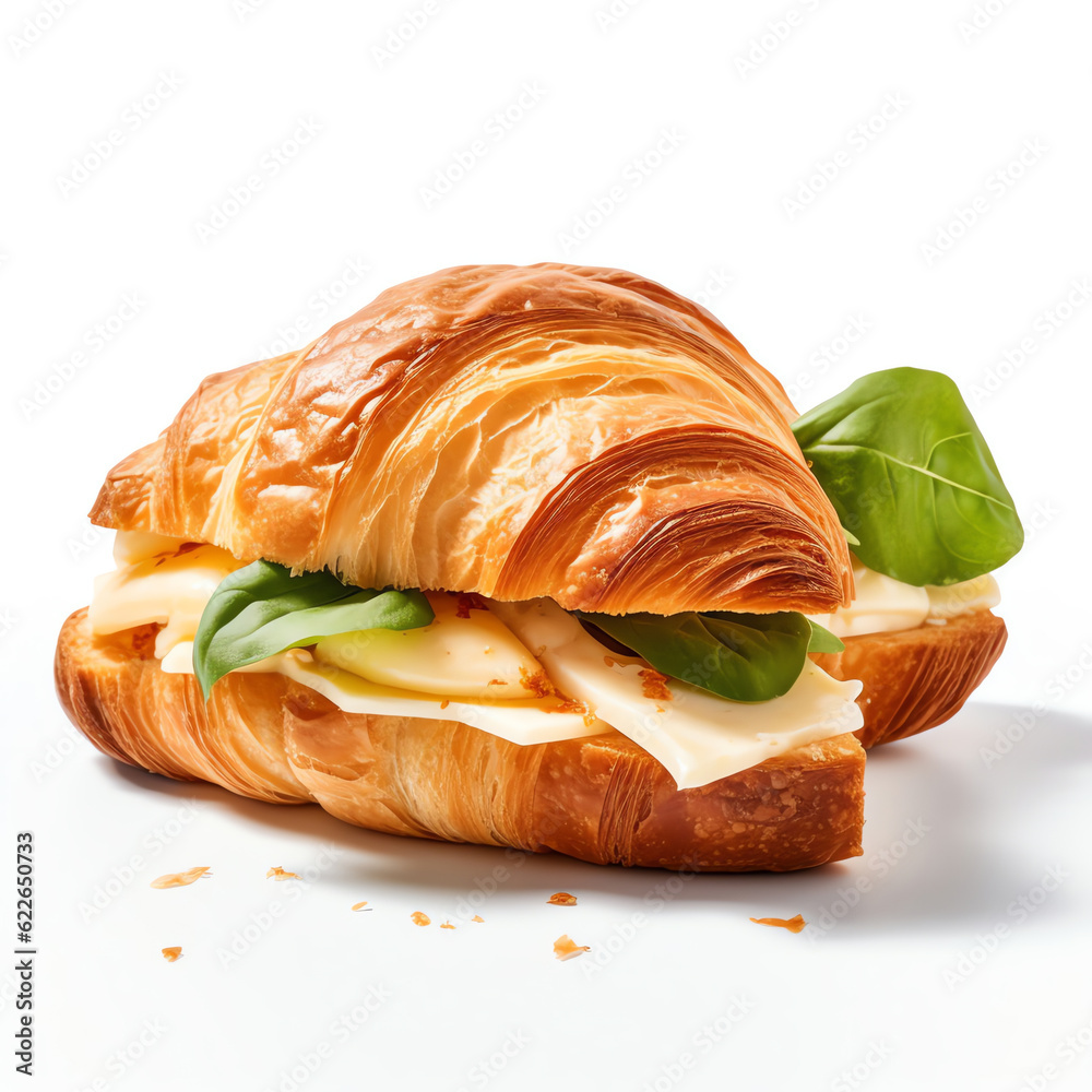 Generative AI : Golden Baked Ham and Cheese Croissants on a White Background Generative AI : Golden Baked Ham and Cheese Croissants on a White Background