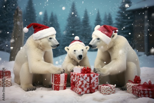christmas card concept bear holding gifts wearing santa claus hat