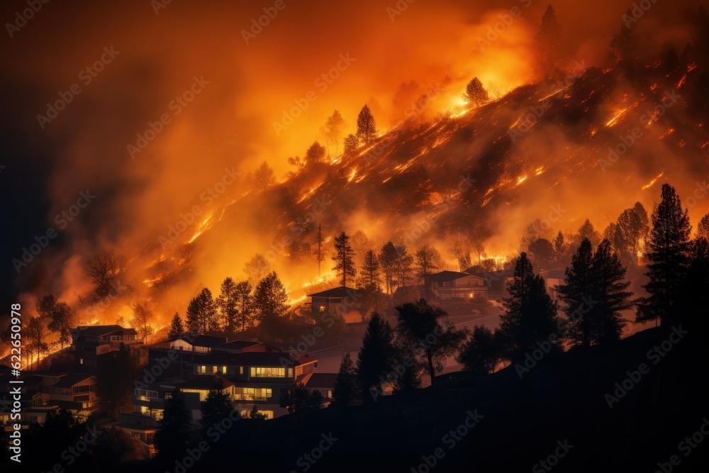 a fire burns a forest near a residential area at night