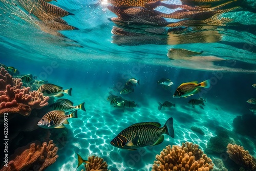 Create a vibrant scene where a kaleidoscope of fish gracefully navigates through an otherworldly coral garden in an azure expanse. © Nairobi 