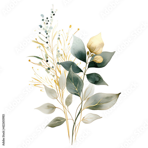 Generative AI   Elegant Watercolor Green Plant  Minimalist Floral Delight in White and Gold