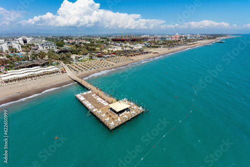 Aerial view of hotels on the Mediterranean Sea coast of Belek, Antalya, Turkey. photo