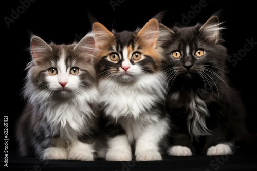 three cute cats on a dark background looking at the camera