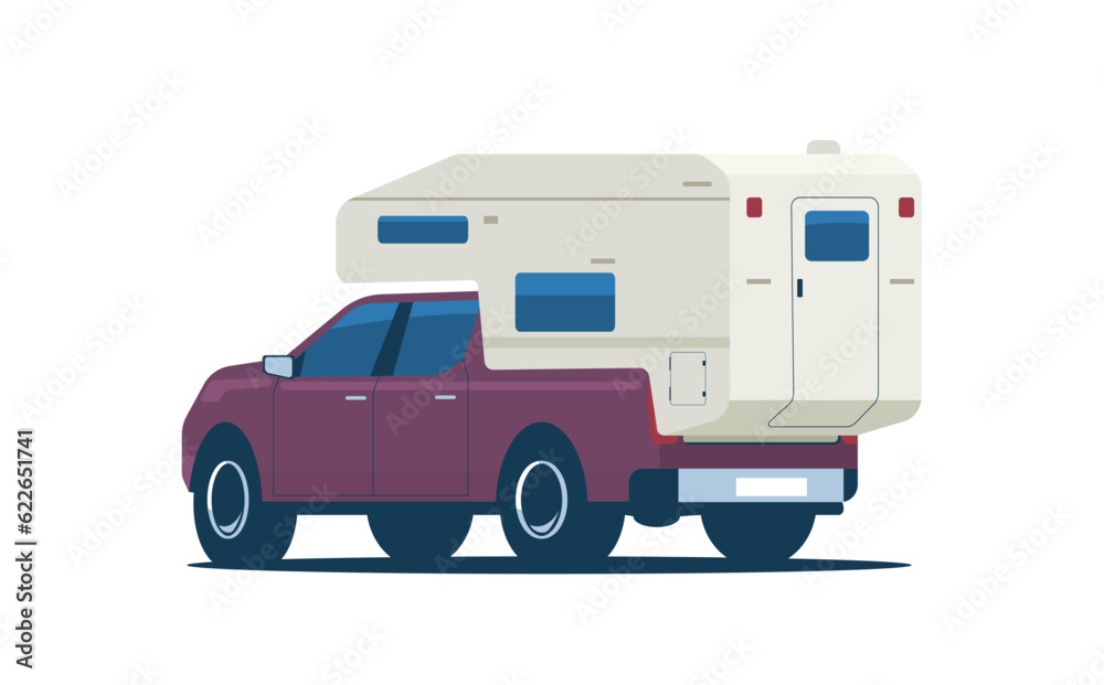 Pickup truck with camper module installed in the body. Vector illustration.