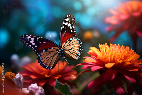 A close-up of a delicate butterfly perched on a vibrant flower petal, showcasing nature's delicate beauty.