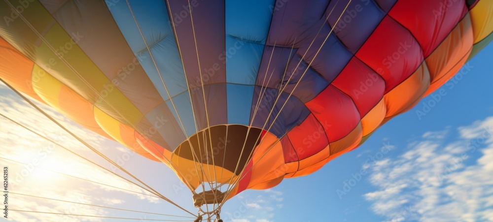 Obraz premium Closeup of hot air balloon in blue cloudy sky (Generative Ai)
