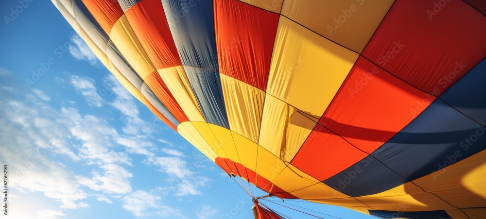 Fototapeta premium Closeup of hot air balloon in blue cloudy sky (Generative Ai)