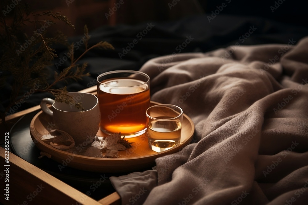 Cozy Morning Tray with Hot Tea in Bed, Lazy Morning Vibes. Generative AI