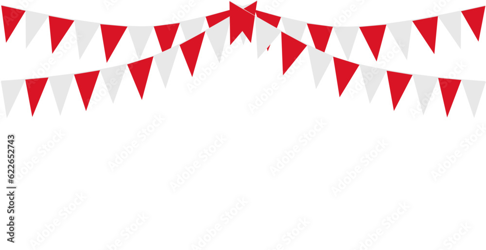 Bunting Hanging Red and White Flag Triangles Banner Background. Bunting flags for celebration, party, fair, market, sale. China, Canada, Swiss, Denmark concepts.