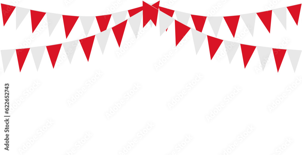 Obraz premium Bunting Hanging Red and White Flag Triangles Banner Background. Bunting flags for celebration, party, fair, market, sale. China, Canada, Swiss, Denmark concepts.