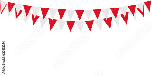 Bunting Hanging Red and White Flag Triangles Banner Background. Bunting flags for celebration, party, fair, market, sale. China, Canada, Swiss, Denmark concepts.