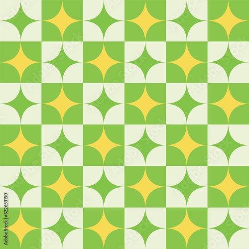 Checkered yellow and green Mid Century Atomic starbursts seamless pattern