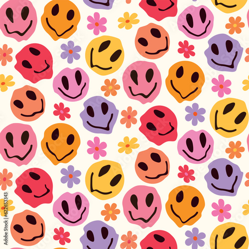Trippy melting colorful smiling happy faces seamless pattern with retro flowers