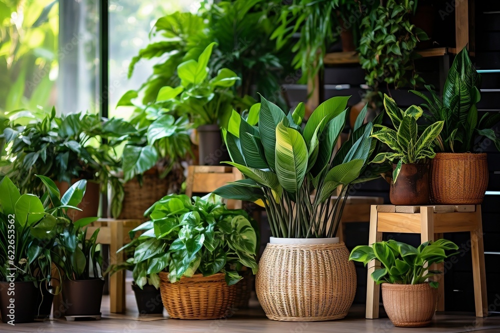 Lively Urban Oasis Assorted Tropical Houseplants, Including Philodendron. Generative AI