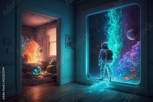 Cosmic portal in a cozy room. A surreal image of a person in a spacesuit standing in front of a cosmic portal. (AI Generated)