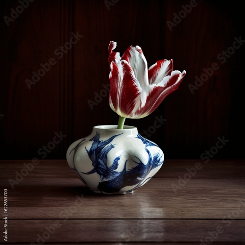 Semper Augustus tulip in a splatter-painted vase (AI Generated) photo