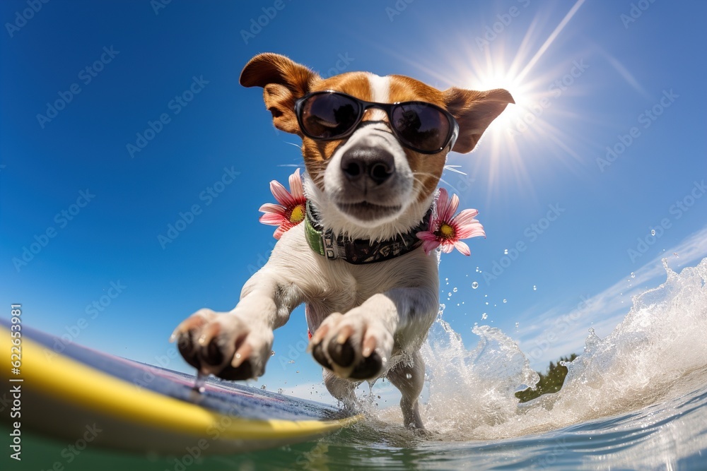 jack russell dog riding surfboard.