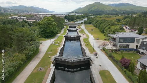 Aerial drone video of the Neptune's Stairs, a large boat lock in Fort William Scotland
