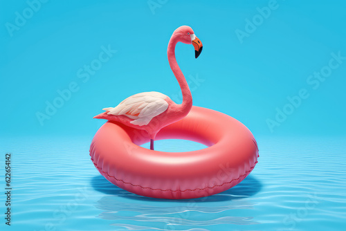 Realistic pink flamingo in inflatable beach circle on blue water and flat blue background with copy space. Creative concept of summertime. Generative AI 3d render illustration imitation.