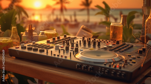 Dj console with beers and cocktails at the beach party