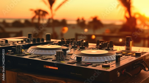 Dj console with beers and cocktails at the beach party photo