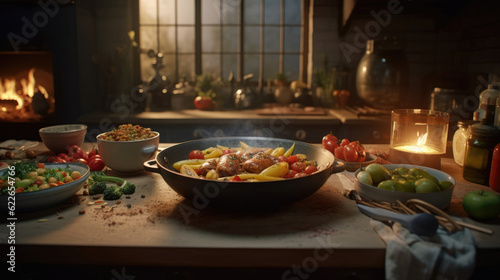 Delicious food on the table in a cozy kitchen