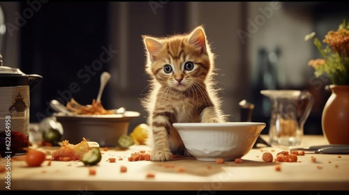 A kitten on the desk in the kitchen with delicious foods