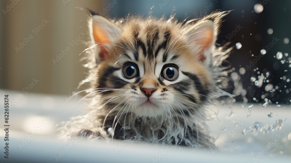 A kitten in the bathtub, with foam and water splashing