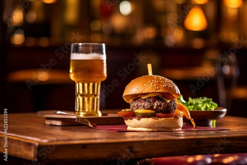 AI generated illustration of an appetizing hamburger with a side of beer on a table