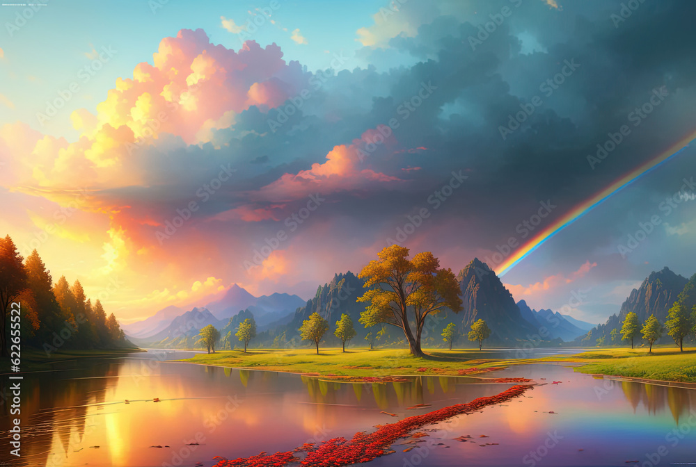 Vibrant rainbow after the rain. Ai generated technology